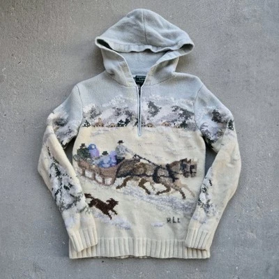 Vtg Lauren Ralph Lauren Hand Knit Lambswool Sweater Petite Winter Scene Sled - Image 1 of 4