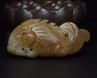 Certified Natural Hetian Jade Hand-carved Exquisite Dragon Fish Statue 2616 - Image 1 of 4