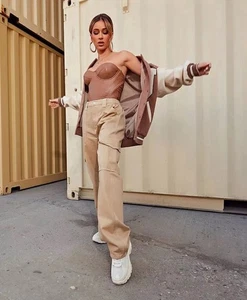 Fashion Nova Tall Size 11 Khaki Cargo Carpenter Pants NWT Tan Utility Style - Picture 1 of 20