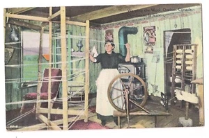 Woman SPINNING WHEEL Yarn Racks Wood Stove Canada Postcard DB - Picture 1 of 2