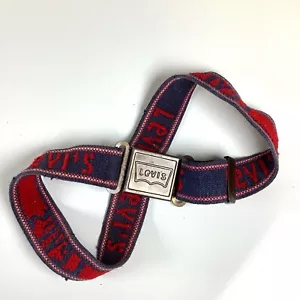 Vintage Levis Logo Brass Buckle Stretchy Elastic Belt Gold Metal Red Blue 22” - Picture 1 of 16