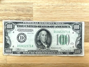 1934 $100 Federal Reserve Note – Green Seal – Series of 1934– Note D034529– RARE - Picture 1 of 2