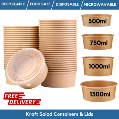 Kraft Deli Bowls Disposable Round Kraft Salad Bowls & Reusable Lids Takeaway Box - Image 1 of 4