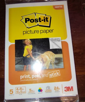 Post it Picture Paper 5 4x6” Matte Sheets Print Peel Stick Double Adhesive - Image 1 of 2