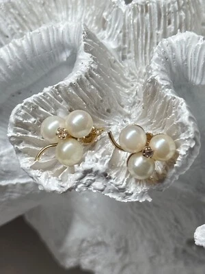 10K YELLOW GOLD PEARLS & DIAMONDS EARRINGS LENGTH 0.5 INCH - Image 1 of 4