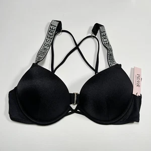 Victoria Secret 32C Bombshell Push Up Bikini Top Shine Strap LOGO Black - Picture 1 of 5