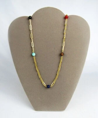 Gold Plated Stainless Steel Multi Gemstone Paper Clip 27" Necklace - Mint in Box - Image 1 of 4