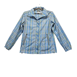 Chaqueta cortavientos Columbia ligera bolsillos con cremallera completa azul a cuadros para mujer S usada en excelente estado - Imagen 1 de 11