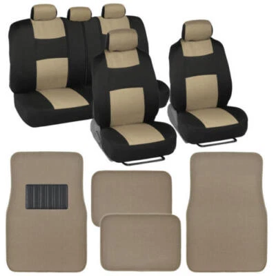 Soft Car Seat Covers w/ Split Bench Options & Front Rear Floor Mats Beige Black - Image 1 of 4