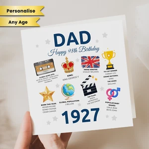 Dad 98th Birthday Card 1927 Birth Year Facts Brother Uncle Husband Grandad Male - Picture 1 of 2