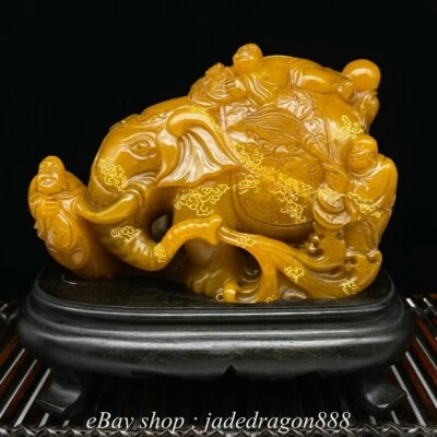 6" Old Chinese Yellow Shoushan Stone Carved Arhat Damo Buddha Elephant Statue - Image 1 of 4