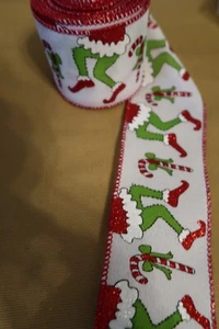 5 yards 2.5" Grinch feet Glittered Red with Green on White Wired Edge Ribbon - Picture 1 of 4
