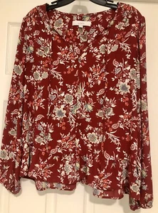 LOFT Bohemian Floral Paisley Tie Neckline Size M Ruffle Hem Long Sleeve Blouse - Picture 1 of 11