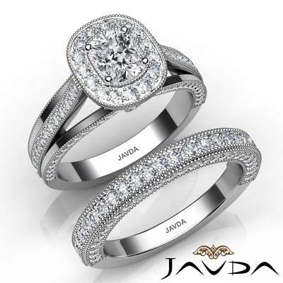 Anillo de compromiso de diamantes con cojín nupcial trío milgrain de 2,21 quilates oro GIA H-VVS1 Foto 1 de 4