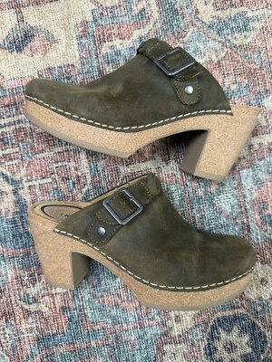 Zueco Aetrex Corey para mujer cuero gamuza oliva grueso zapatos de tacón de corcho Y2K Foto 1 de 4