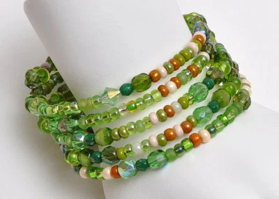 Handmade Green Bangle Boho Beaded Memory Wire Bracelet - Image 1 of 3