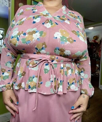 1960s Lane Bryant Sheer Floral And Poly Pink Peplum Dress Plus Size - Image 1 of 4