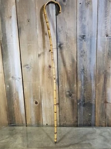 Vintage Flamed Bamboo Crook Handle Walking Stick Cane w/ Metal Tip 36" Long - Picture 1 of 8