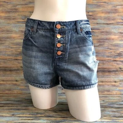 Forever 21 Шорты Женские Размер 31 Высокая талия Джинсовая Пуговица Fly Потертый Синий  - Изображение 1 из 4