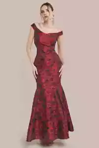 Goddiva Dress Women's Bardot Maxi Off-The-Shoulder Floral Jacquard Wine Red 8 UK - Picture 1 of 5