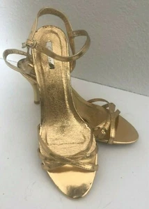 NEW 8.5.M 39 CELESTE Metallic Gold 3.25" High HEEL Shoes Strappy PUMP Prom PARTY - Picture 1 of 14