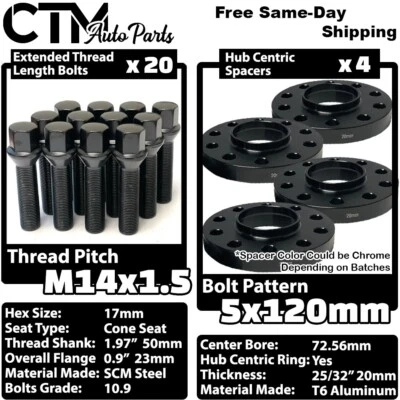 4x 20mm Thick 5x120 72.56mm C.B Wheel Spacer Black Bolt 14x1.5 BMW X3 X5 & More - Image 1 of 4