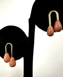 14K SOLID YELLOW GOLD HALLMARKED ANGEL SKIN CORAL BERRY DROPS EARRINGS PIERCED - Picture 1 of 16