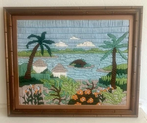 Vintage, 1985, Tropical Island Yarn Art, Needlepoint, Framed Embroidery, 22 X 18 - Picture 1 of 16