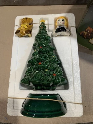 Vintage Avon Ceramic Christmas Tree Appetizer Holder With Salt And Pepper Shaker - Image 1 of 4