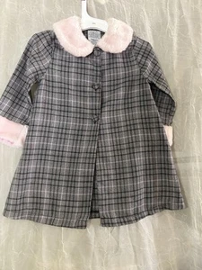 Infant Grey Plaid Coat With Pink Fur Color And Sleeves - Picture 1 of 2