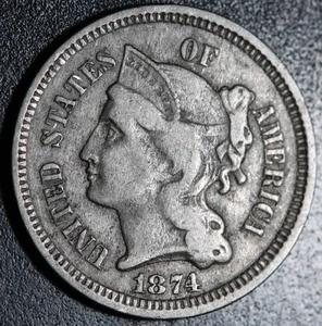 1874 THREE 3 CENT NICKEL - Picture 1 of 2