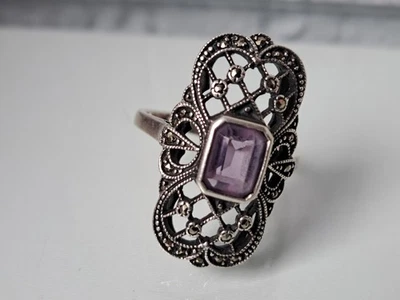 Anello In Argento Molto Bello, Argento 925 Con Ametiste E Marcasite - Immagine 1 di 4