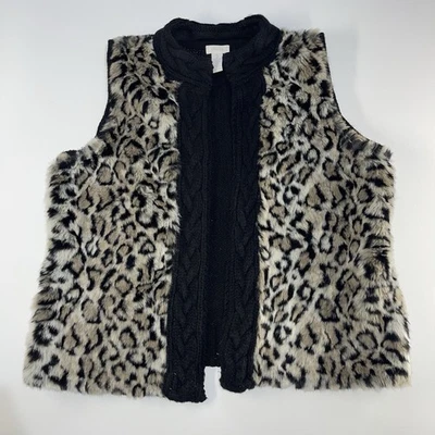 Chicos Black Gray Leopard Print Knit Vest Womens 2 US Large Faux Fur Snap Front - Image 1 of 4