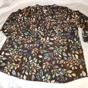 D & Co. Denium+ Company Women's Size 3x Vneck Button Up Brown / Leaf Pattern - Picture 1 of 14