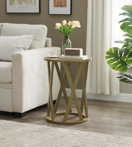 Kings Brand Round Side End Table, X-Motifs Design Accent Table, Lemon Pepper - Picture 1 of 5