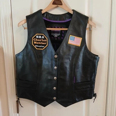 Black Interstate Leather Snap-Up Lined Biker Vest Lace-Up Sides Patches Mens XL - Image 1 of 4