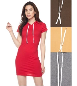 Casual Soft Cotton Stretch Drawstring Hooded Short Sleeve Bodycon Mini Dress - Picture 1 of 9