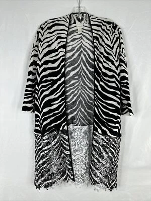 Chicos Cárdigan Suéter Mujer Talla 1 Negro Blanco Estampado Animal Encaje Dobladillo BOHO Foto 1 de 4