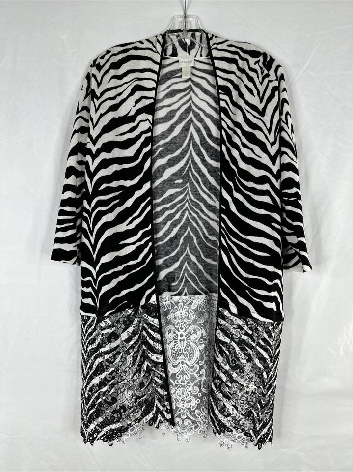 Chicos Cárdigan Suéter Mujer Talla 1 Negro Blanco Estampado Animal Encaje Dobladillo BOHO Foto 1 de 4
