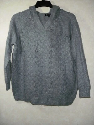 Sisters Hooded Sweater Women L Grayish Blue Wool Blend V-Neck Raglan Sleeve - Image 1 of 4