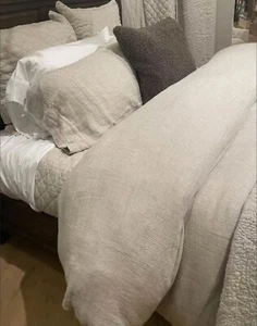 POTTERY BARN Belgian Linen Waffle Weave FULL/QUEEN Duvet & 2 Euro Shams NEW FLAX - Picture 1 of 2