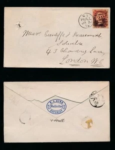 GB QV PENNY RED 1873 HIND ENVELOPE BLUE EMBOSSED BEVERLEY + HULL DUPLEX - Picture 1 of 3