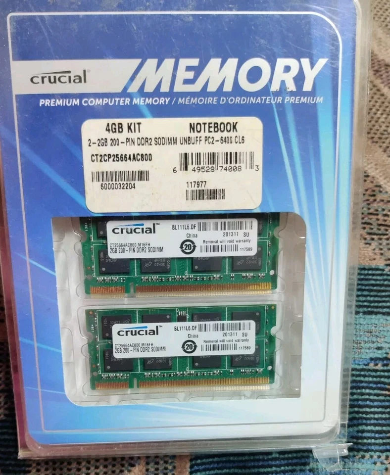Crucial 2GB DDR2 200pin Sodimm UNBUFF PC2-6400 CL6 Memory RAM  CT2CP25664AC800 - Image 1 of 3