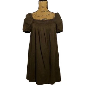 Theory Dress 0 Dark Brown Narcisca Pleated Square Neck Linen Blend Puff Sleeve - Picture 1 of 7