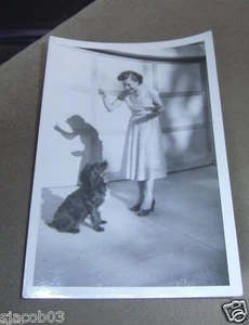 1953 B&W SNAPSHOT - ROSE TEACHES SKIPPY THE DOG A NEW TRICK - ORIGINAL PHOTO - Picture 1 of 2