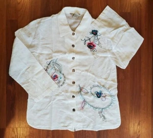 Vintage Teddi Damen Shirt weiß M bunt bestickt Langarm Hemd mit Knopfleiste - Bild 1 von 9