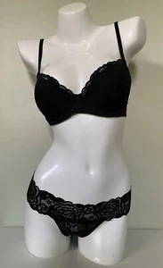 NEW Victoria's Secret PINK Date Push Up Bra 32C & Panty S Set Black - Picture 1 of 21