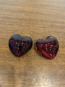 STUNNING BACCARAT Ruby Red Crystal Puffed Hearts 3"L SIGNED, FRANCE PAIR - Picture 1 of 24