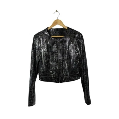 Chaqueta Moto Vintage Y2K Bebe Cuero Genuino Metálica Serpiente Recortada Negra/Plateada M Foto 1 de 4