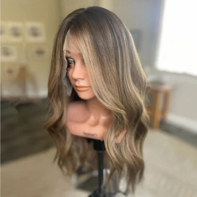 Peluca de encaje 100 % cabello humano 13x4 rubio oscuro reflejos peluca ondulada para mujer Foto 1 de 4